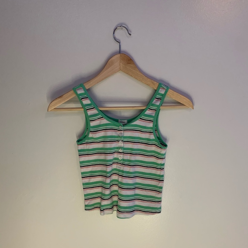 Green, pink, and black striped cropped tank top